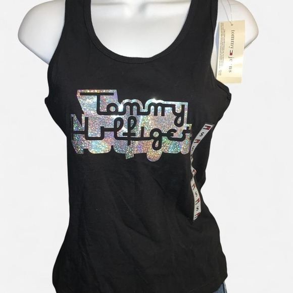 Tommy Jeans Black Glitter Holographic Logo Racerback Tank Top - Picture 1 of 4